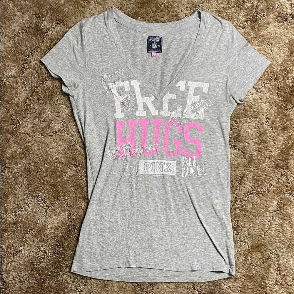 PINK Victoria’s Secret Gray‎ Y2K 2000s Style V neck Fitted Short Sleeve Shirt